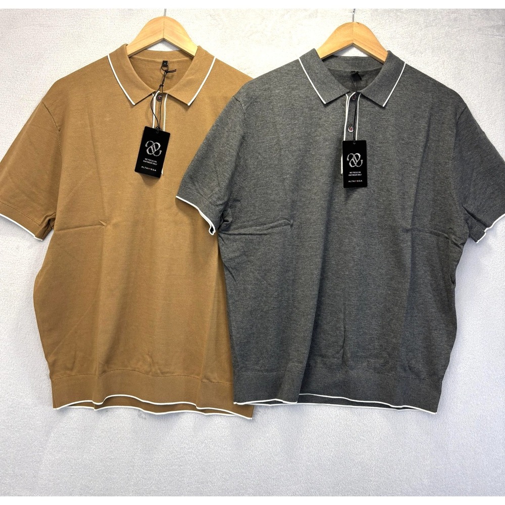 NWT‎ Lot of 2 100% Cotton Polo Shirts Mens L Gray Tan Short Sleeve Collared Work